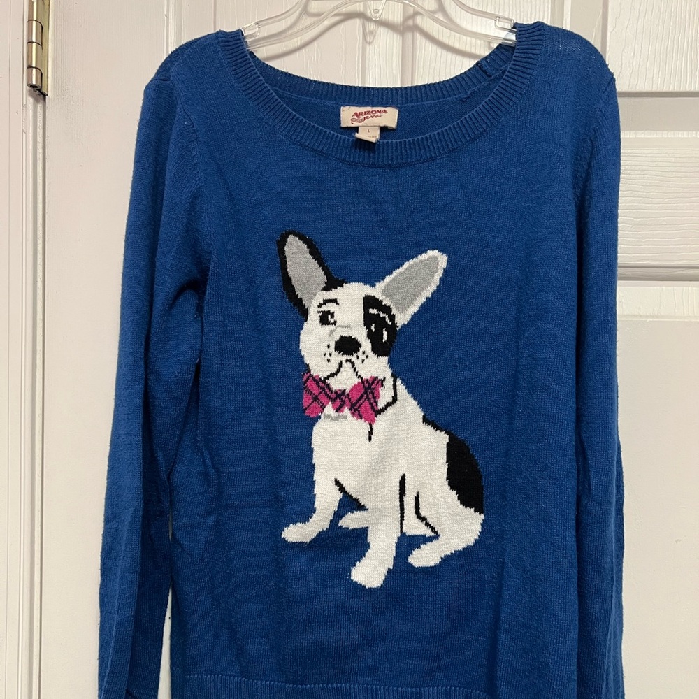 Arizona Juniors/Womens Dog Design Sweater, blue size L